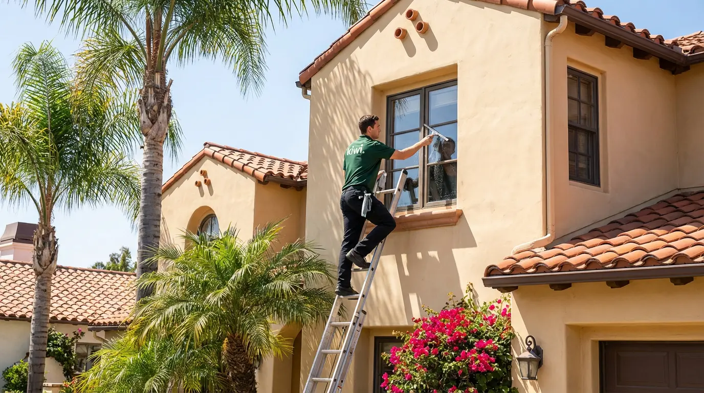 Kiwi Cleaning team washing windows on a San Diego home