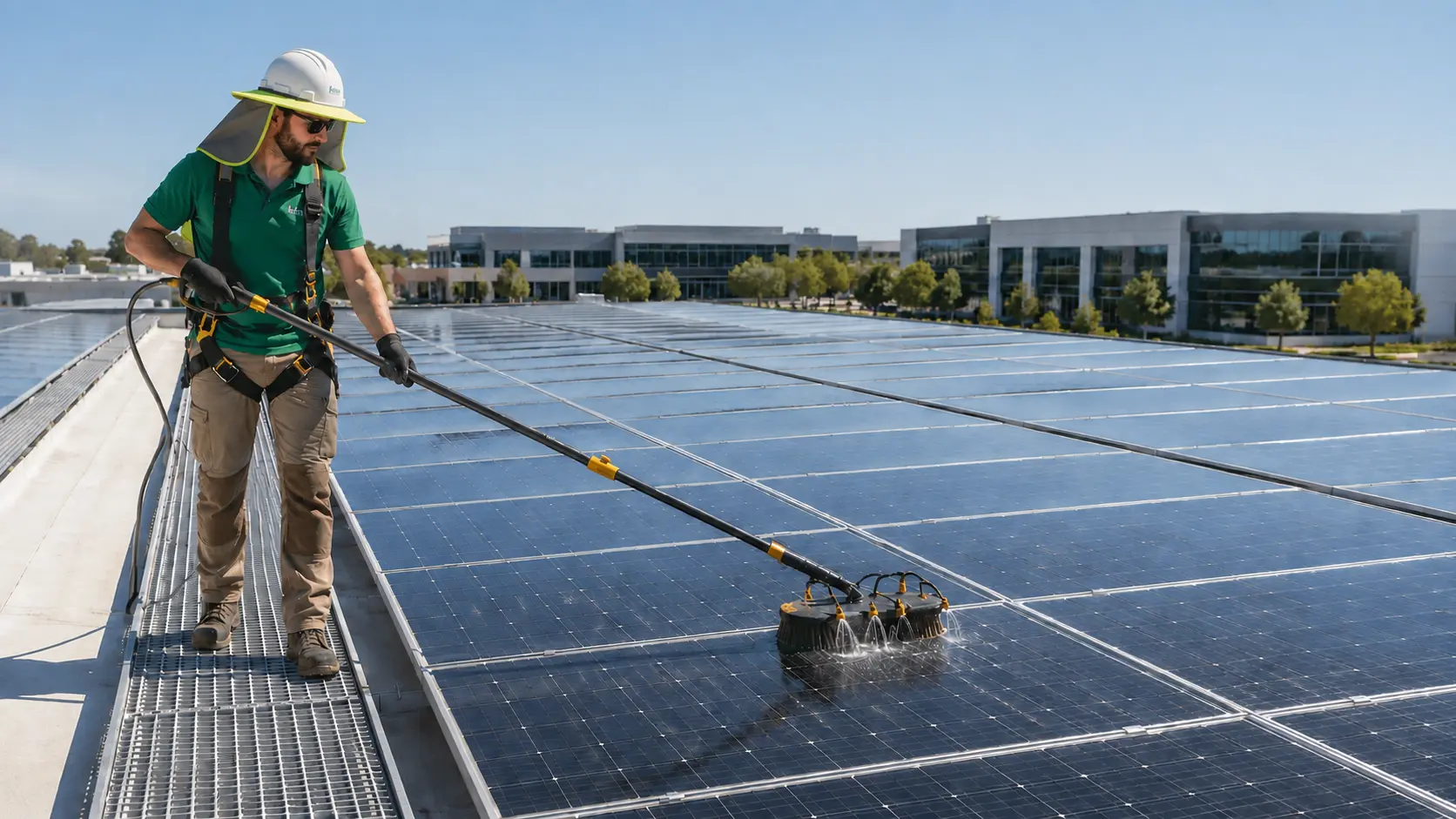 Kiwi technician cleaning a large commercial rooftop solar array with a water-fed brush